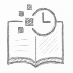 Dibujo de un libro de texto con un reloj sobre el mismo y unos cuadraditos pequeños