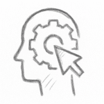 Imagen de un dibujo de perfil de una cabeza que contiene un engranaje como cerebro con un icono de cursor de mouse sobre el centro del engranaje